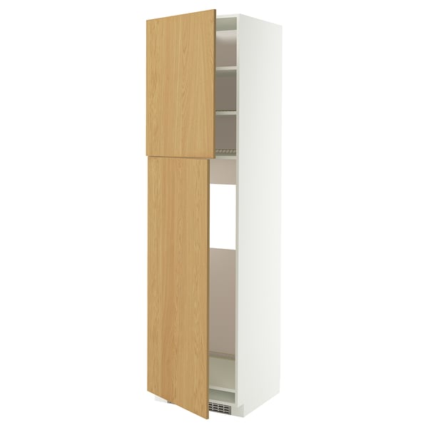 METOD Hoge kast v koelkast met 2 deuren, wit/Sinarp eikenfineer, 60x60x220 cm