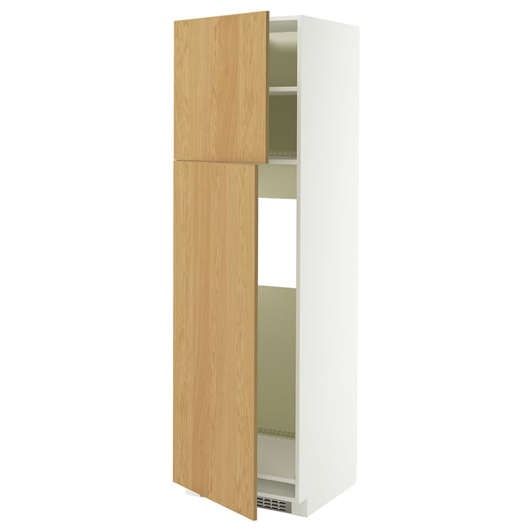 METOD Hoge kast v koelkast met 2 deuren, wit/Sinarp eikenfineer, 60x60x200 cm