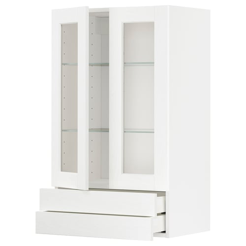 Een witte METOD keukenkast met glazen deuren, voorzien van planken, lades en een strak design.