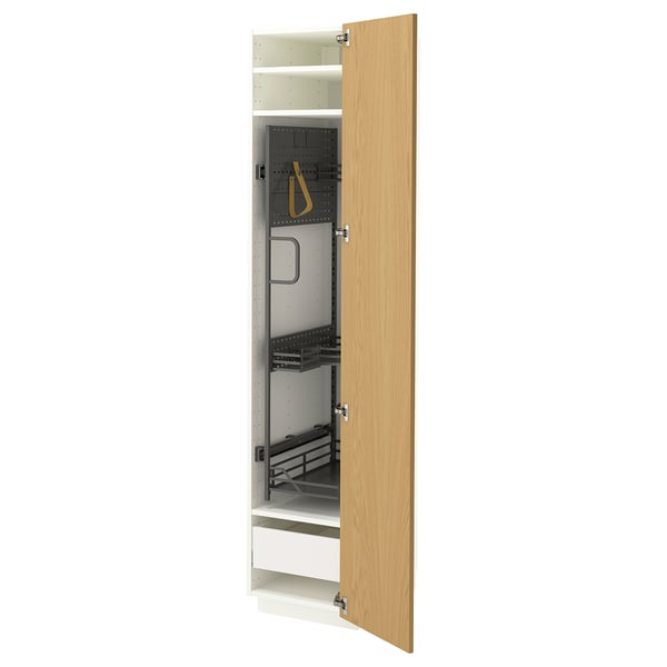 METOD / MAXIMERA Hoge kast & inrichting schoonmkast, wit/Sinarp eikenfineer, 40x60x200 cm