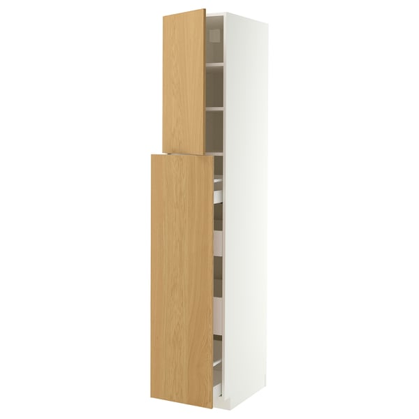 METOD / MAXIMERA Hoge kast m uittrekf 4 la/1 dr/2 pl, wit/Sinarp eikenfineer, 40x60x220 cm