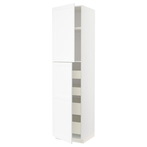 Witte METOD hoge keukenkast, strak en modern design met grijze planken, stevige constructie.