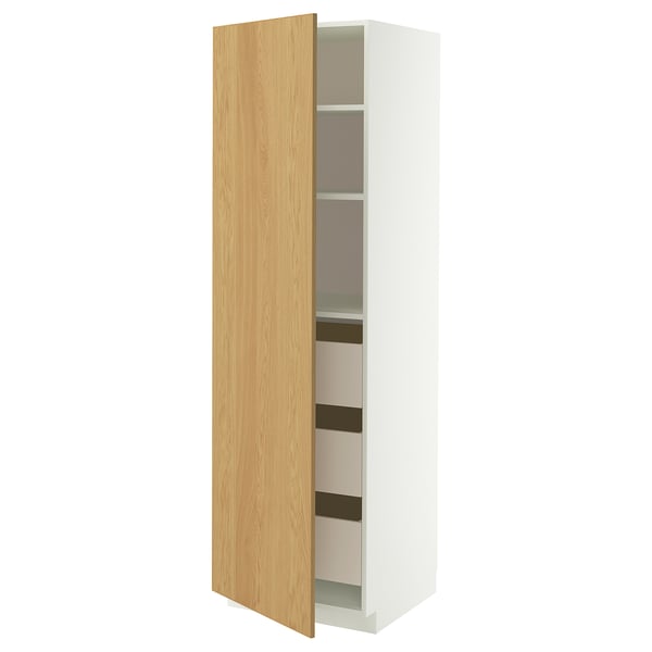METOD witte kast met eikenhouten deur, hoog, 4 legborden, rechtsdraaiend.