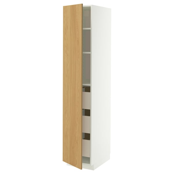 Witte en eiken hoge kast met open deur, soft-close lades en verstelbare legplanken.