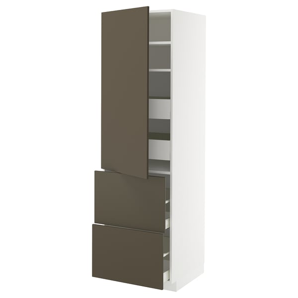 Moderne keukenkast, wit met bruine lades en planken. Lang, rechthoekig met verstelbare planken.