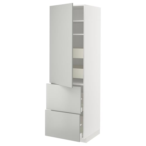 Een witte METOD keukenkast met lades en planken.