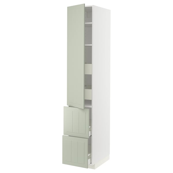 METOD keukenblok in het groen met legplanken en lades. Hoog, rechthoekig, modern ontwerp met soft-close lades.