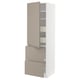 Moderne hogere keukenkast in grijs-beige met geïntegreerde handgreep, twee lades en verstelbare legplanken.