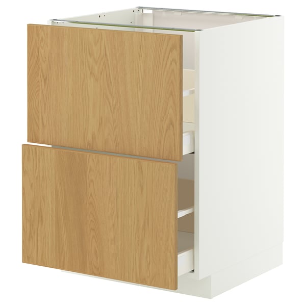 Een witte IKEA METOD keukenkast met twee lichte eikenhouten lades. De kast is rechthoekig met een gladde afwerking.