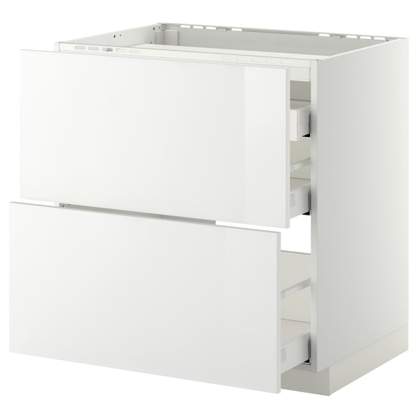 Wit hoogglans keukenblok met lades, strak design.