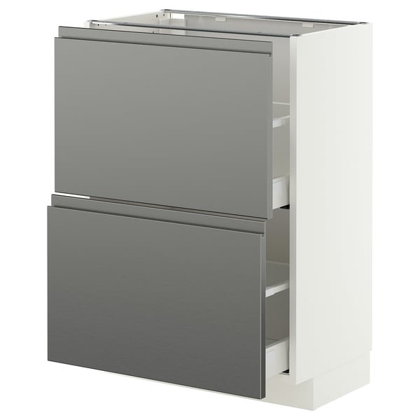 METOD / MAXIMERA Onderkast met 2 lades, wit/Voxtorp roestvrijstaalpatroon, 60x37 cm