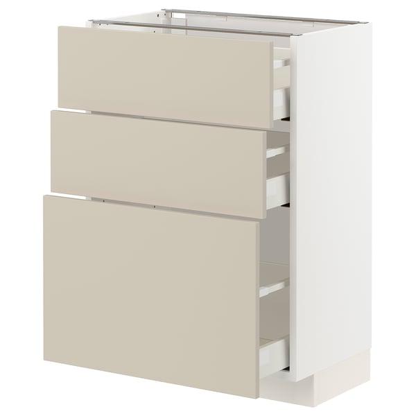 METOD keukenblok in beige met drie lades, modern minimalistisch design.