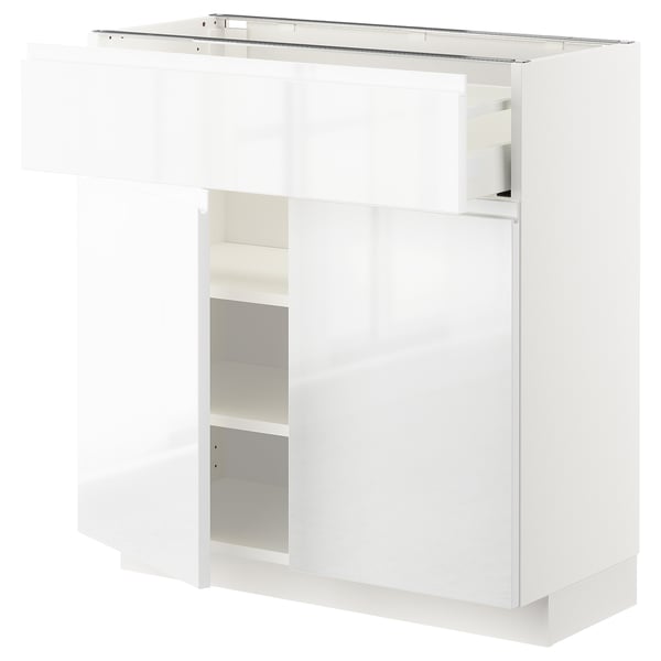 METOD hoogglans wit keukenblok. Slank, modern ontwerp met strakke handgrepen. Inclusief planken en lades.