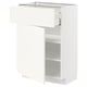 Een witte ikea METOD keukenkast met een enkele open lade en een plank erin. De kast strakke, moderne designlijnen en stevige constructie.