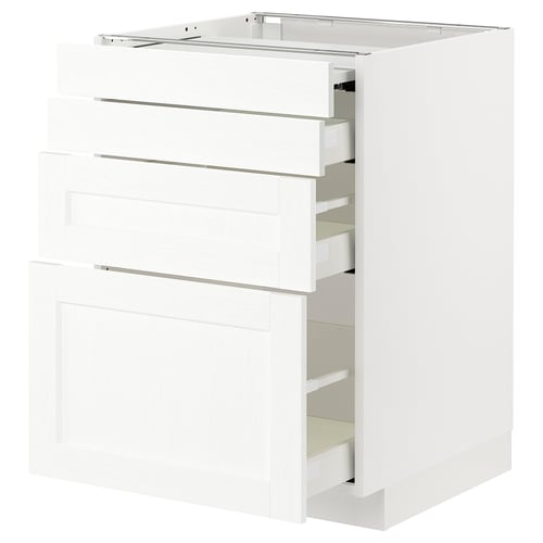 METOD keukenkast, wit, strak design met drie zilveren handgrepen, drie lades en een uittrekbare plank.