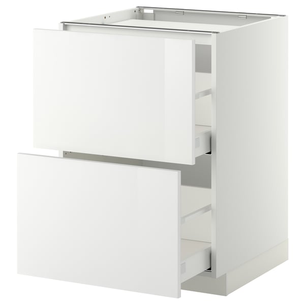 Een wit METOD keukenblok met glanzende afwerking en uittrekbare lades. Het moderne design en strakke lijnen.