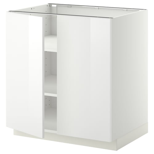 Een witte ikea METOD keukenkast. Het is rechthoekig, heeft een glanzende afwerking en een open plank.