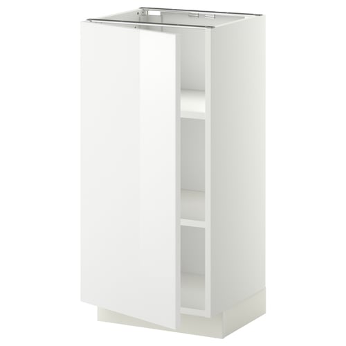 Een witte METOD keukenkast met een glanzende afwerking, rechthoekige vorm en verstelbare planken. Het heeft een modern design en een stevige constructie.