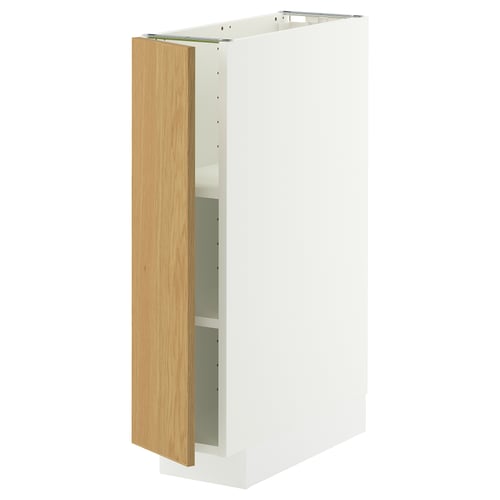 Een wit METOD opbergmeubel met een houten deur. Het is rechthoekig en heeft een strak ontwerp met verstelbare planken.