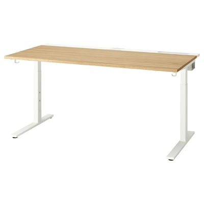 MITTZON bureau: verstelbaar houten bureau met witte poten, perfect voor thuiskantoor, kabelbeheer, hoogteverstelling en 10 jaar garantie.