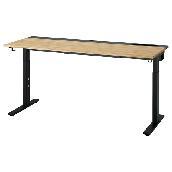 MITTZON in hoogte verstelbaar bureau, licht houten blad, zwarte poten, modern minimalistisch design, perfect voor thuiskantoren.
