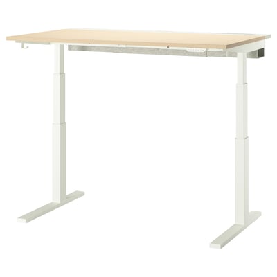 Een MITTZON zit/sta bureau met een licht houten blad en witte poten. Het is verstelbaar en ergonomisch.