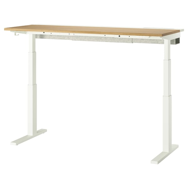 MITTZON zit/sta bureau, eiken blad, witte poten, in hoogte verstelbaar, modern minimalistisch design.