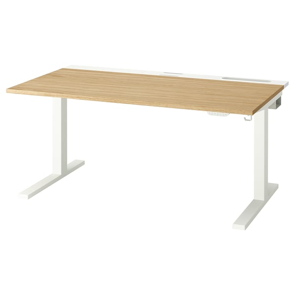 Verstelbaar MITTZON-bureau met ergonomisch, in hoogte verstelbaar bruin blad op witte poten.