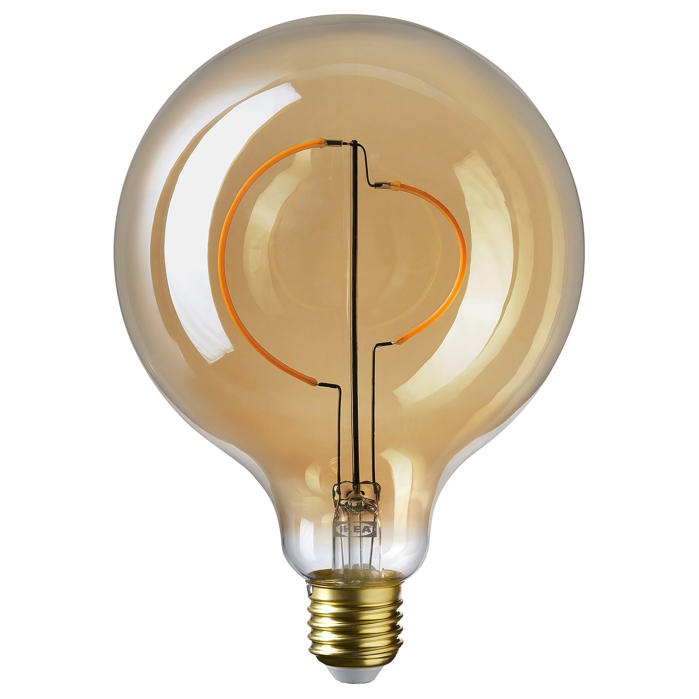 MOLNART, warm oranje led lamp, rond met helder bruin glas, zacht gloeiend licht.