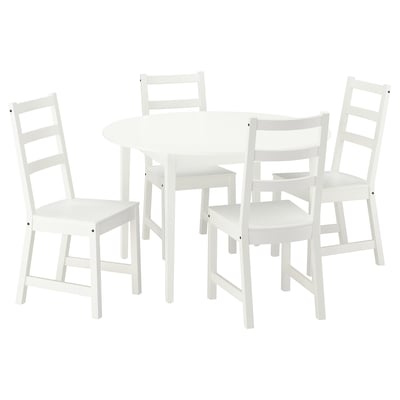 Een witte NÄSINGE eetset, bestaande uit een ronde tafel en vier stoelen met ladderrug.