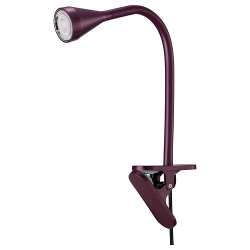 Een paarse verstelbare klemlamp, model NÄVLINGE, met een strak design en led lichtbron.