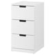 Witte NORDLI ladekast, drie lades, modern minimalistisch design, gladde ladefronten.