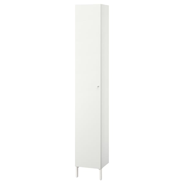 Een wit NYSJÖN hoog badkamermeubel met een enkele deur en metalen poten.