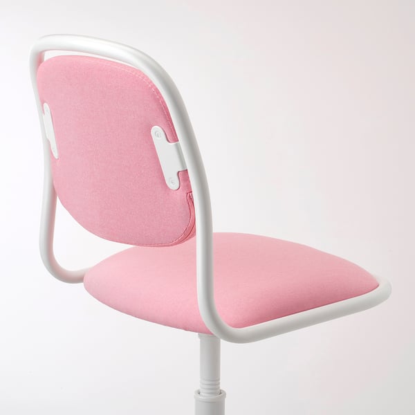Roze kinder bureaustoel, stevig, comfortabel schuim, in hoogte verstelbaar. Wit frame, kwaliteitsontwerp.