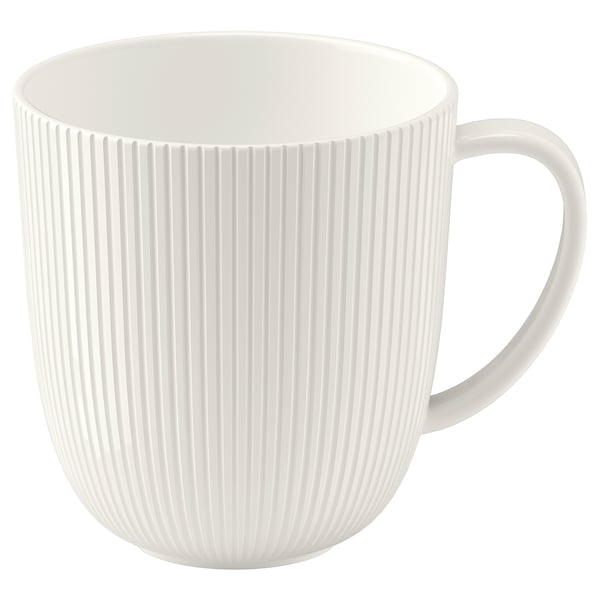 OFANTLIGT witte mok, elegante verticale lijnen, stevig, veldspaat porselein.