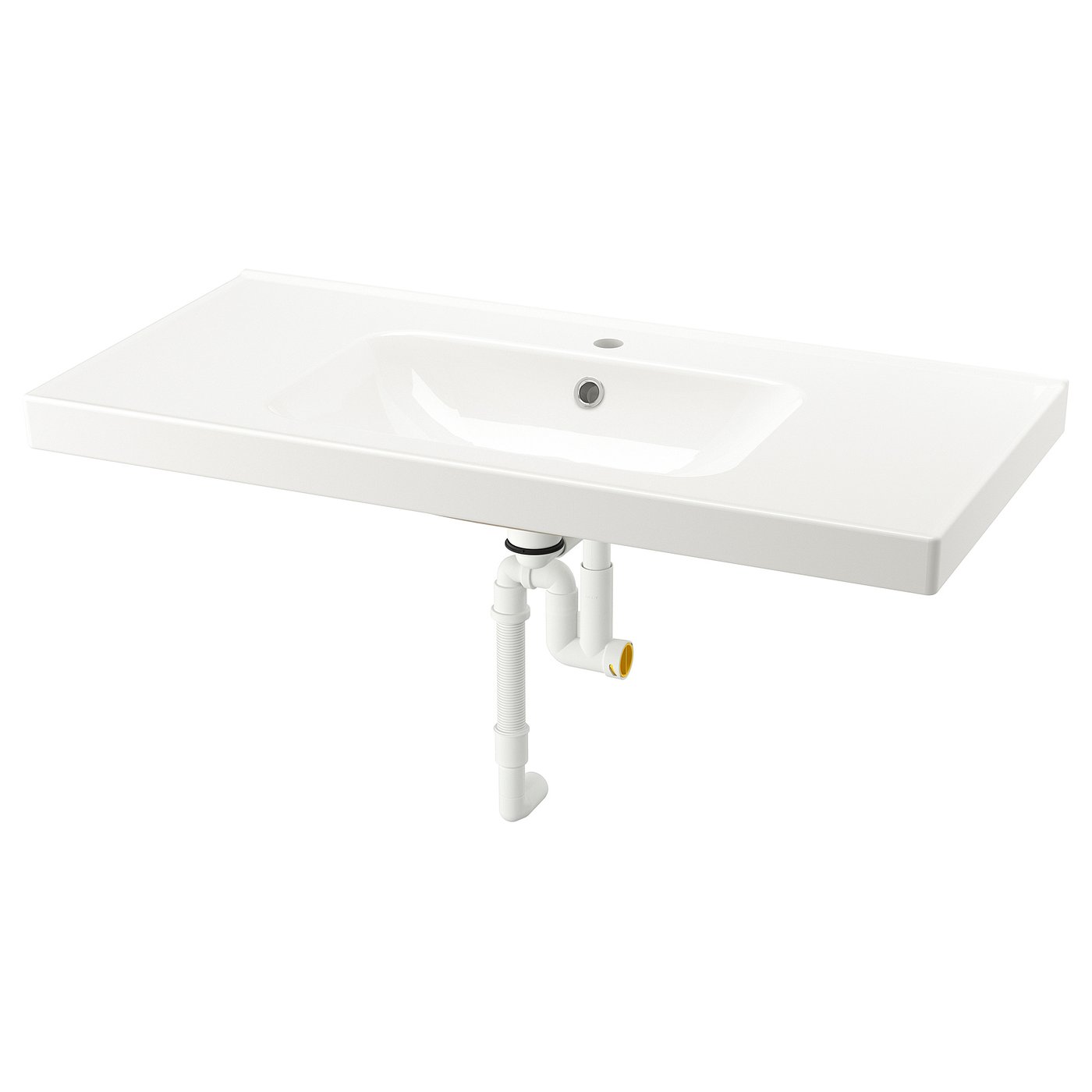 Witte ORRSJÖN keramische spoelbak met zachte gebogen lijnen en geïntegreerde afvoer.