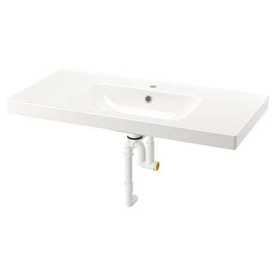Witte ORRSJÖN keramische spoelbak met zachte gebogen lijnen en geïntegreerde afvoer.