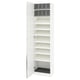 Witte PAX kledingkast met spiegeldeuren, zes lege planken, verstelbare poten en soft-close scharnieren.