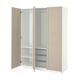 Witte ikea PAX kledingkast met beige deuren, open met draadplanken en gaasmanden.
