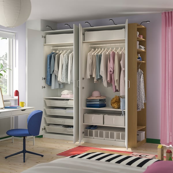 PAX / FORSAND Kledingkastcombinatie, wit wit/eikenpatroon, 220x60x236 cm