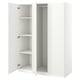 Witte PAX kledingkast, twee open deuren, drie planken, metalen scharnieren, minimalistisch design.