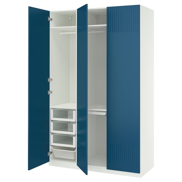 PAX kledingkast, blauw & wit, open deuren, planken, laden.