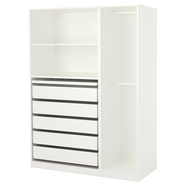 Witte PAX kledingkast met 5 lades en 2 planken. Slank ontwerp, ideaal voor het organiseren van kleding en accessoires.