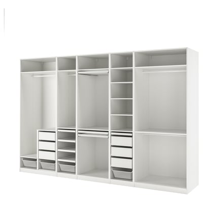 Witte PAX-kast, duurzaam, strak, organiseert efficiënt, verstelbaar, bevat planken, lades en ophangruimte.