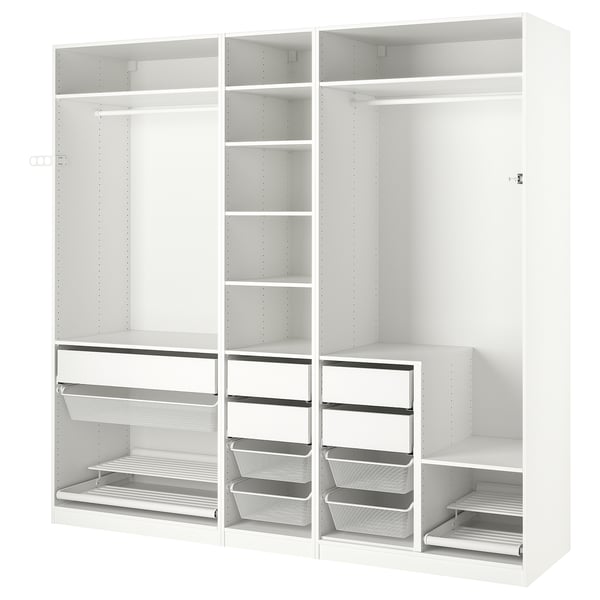 Witte PAX kledingkast, modern design met planken, lades en metalen gaasmanden voor opslag.