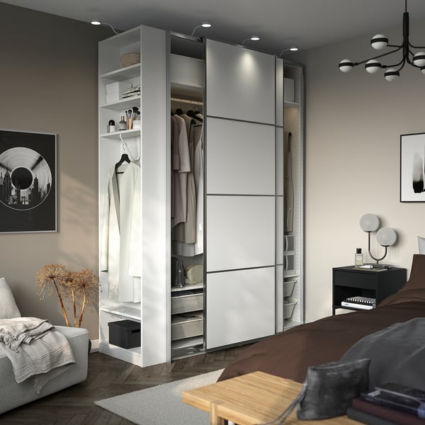 PAX / MEHAMN Kledingkast met schuifdeuren, wit aluminium/wit wit, 170x66x236 cm
