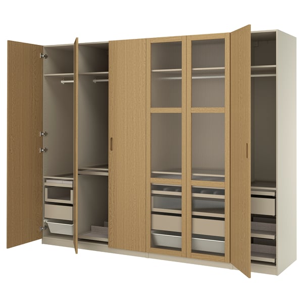 PAX / TONSTAD Kledingkastcombinatie, grijsbeige/eikenfineer, 300x60x236 cm