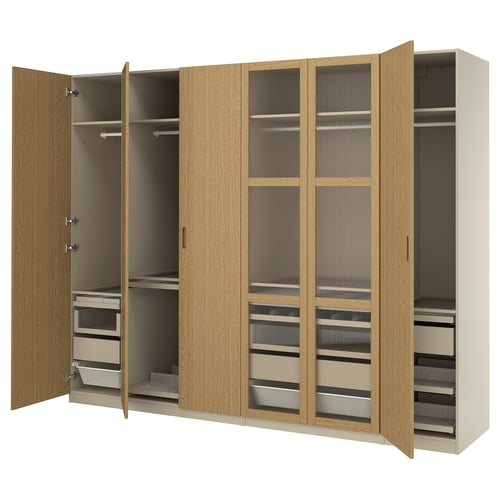 PAX / TONSTAD Kledingkastcombinatie, grijsbeige/eikenfineer, 300x60x236 cm