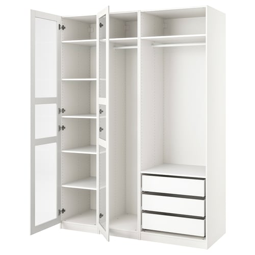 Witte PAX kledingkast, open deuren met meerdere planken en een ladegedeelte, strak en modern design.