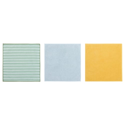 Drie vierkante poetsdoeken in groen, lichtblauw en geel, elk met een zachte textuur.